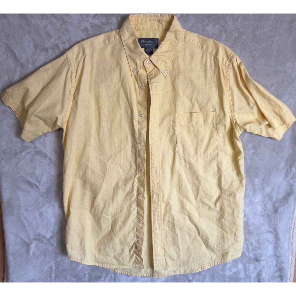 Eddie Bauer Mens Medium Yellow 100% Linen Short Sleeve Button Down Shirt Pocket